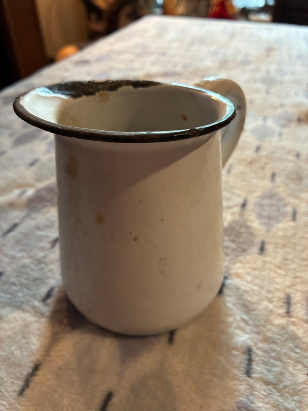 White Vintage Small Enamel Pitcher with Black Rim